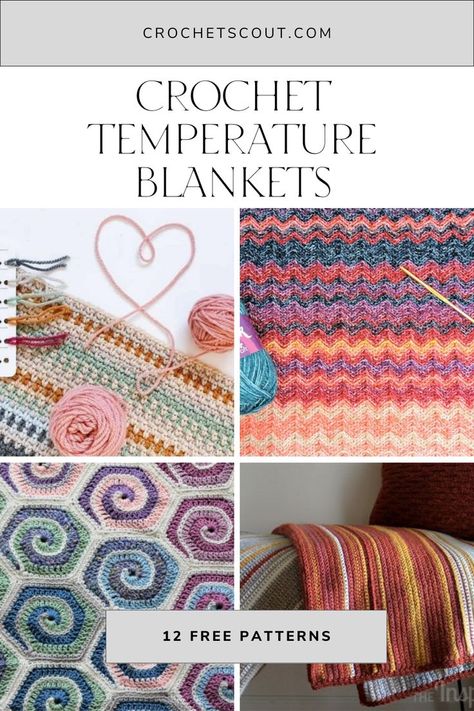 A collection of crochet temperature blanket patterns. Mood Blanket Crochet Ideas, Weather Crochet Blanket, Crochet Weather Blankets, Crochet Temperature Projects, Weather Blanket Crochet, Tempature Blanket Crochet, Crochet Temperature Blanket Ideas, Tempature Blanket Crochet Pattern, Temperature Blanket Crochet Color Combos