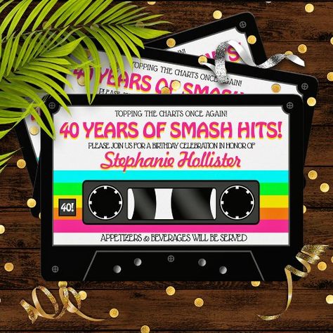 80's Retro Neon Label Cassette Birthday Party  Invitation Cake Lettering, 80's Party, 80s Theme Party, Retro Cassette, Neon Birthday, 80s Men, 21st Birthday Invitations, Retro Neon, Fun Birthday Party