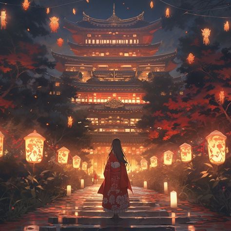 Japanese City Fantasy Art, Japanese New Year Festival, Japanese Fantasy Aesthetic, Fantasy Festival Art, Fantasy Japan, Asian Painting, Aesthetic Japan, Fantasy Places, Scene Design