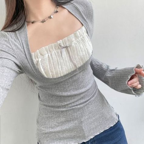 Sosana - Long Sleeve Mock Two Piece Square-Neck Lace-Panel Ruffled-Trim Slim-Fit Top | YesStyle Crop Top Autumn, Korean Shirt, Style Kawaii, Pose Fotografi, Lace Tshirt, Flare Long Sleeve, Slim Fit Top, Long Sleeve Tops Casual, Lace Patchwork