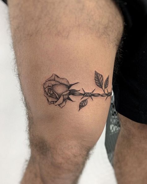 Tattoo of a barbed wire rose. Black and grey, detailed, fineline, microrealism tattoo. Flower With Barbed Wire Tattoo, Tattoo Ideas For Men Barb Wire, Barbed Wire Hip Tattoo, Rose With Barbed Wire Tattoo, Barb Wire Rose Tattoo, Barbwire Rose Tattoo, Barbed Wire Rose Tattoo, Barb Wire Tattoo, Tatoo Rose