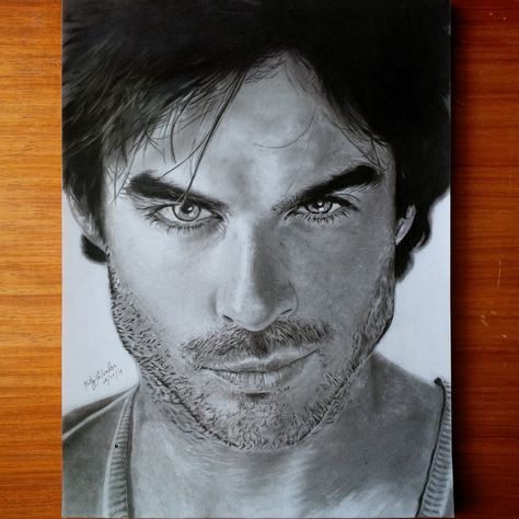 Ian Somerhalder Drawings, Male Face Drawing, Vampire Drawings, Vampire Diaries Memes, Ian Somerhalder Vampire Diaries, The Vampire Diaries Characters, Realistic Sketch, Eye Illustration, Vampire Diaries Wallpaper