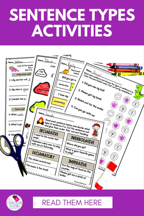 In first grade, students begin to learn the different types of sentences. There are four types of sentences: declarative, interrogative, exclamatory, and imperative. Each type of sentence has its own purpose. Teaching sentence types can be a challenge, but it is so important for students to learn. There are many ways to make it fun and engaging for students. Be sure to read the blog to find out about teaching sentence types! Types Of Sentences Activities, Four Types Of Sentences, 4 Types Of Sentences, Different Types Of Sentences, Teaching Sentences, Sentence Types, Sentence Activities, Number Sense Activities, Describing Words