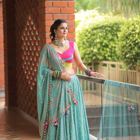 A colour blocking choli with most vibrant colours layered with a pastel dupatta and beautiful chaniya is just here for you to grab!🩵 @rups_boutique #india #wedding #instagood #instagram #instareelsindia #instareels #desi #bandhani #bandhej Bandhej Dupatta Lehenga Choli, Festival Multicolor Lehenga With Bandhani Print, Festivals Bandhani Print Choli, Navratri Festival Lehenga With Bandhani Print, Bandhej Lehenga, Navratri Dress, India Wedding, Abstract Art Diy, Colour Blocking