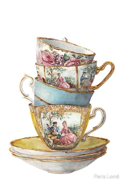 Antique Romance watercolour painting by Paris Lomé Antique Tea Cup Tattoo, Tea Cup Watercolor Painting, Cup Of Tea Watercolor, Paper Teacup, Teacup Drawing Vintage, Vintage Teacup Illustration, Birthday Happy, Cups And Saucers, Tea Art