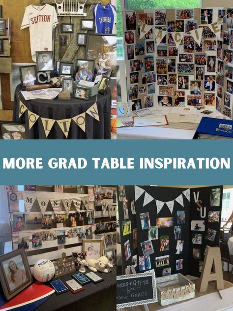 Senior Table Display Ideas, Graduation Senior Table Ideas, Sports Table Grad Party, Baccalaureate Table Ideas, Graduation Photo Display Memory Boards, Graduation Reception Table Ideas, Graduation Table Display Ideas, Senior Table Display Sports, Senior Graduation Party Ideas High School Memory Table