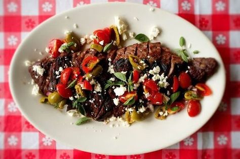 // The 5 Steaks You Should Be Grilling Now on Food52 Greek Salsa Recipe, Greek Salsa, Best Grilled Steak, Grilling The Perfect Steak, Skirt Steak Recipes, Grilled Skirt Steak, Feta Recipes, Sweet Potato Hash, Steak Sauce