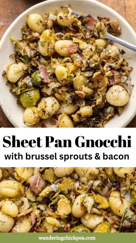 This Sheet Pan Gnocchi with Brussel Sprouts and Bacon is the easiest winter dinner. Shelf-stable gnocchi stays fluffy on the inside but crispy on the outside while the brussel sprouts and shallots caramelize with salty bacon bits. Gnocchi With Brussel Sprouts, Food For Cold Weather, Brussel Sprouts And Bacon, Cozy Dinner Ideas, Sheet Pan Gnocchi, Sprouts And Bacon, Shaved Brussel Sprouts, Dinner Pasta, Cozy Dinner