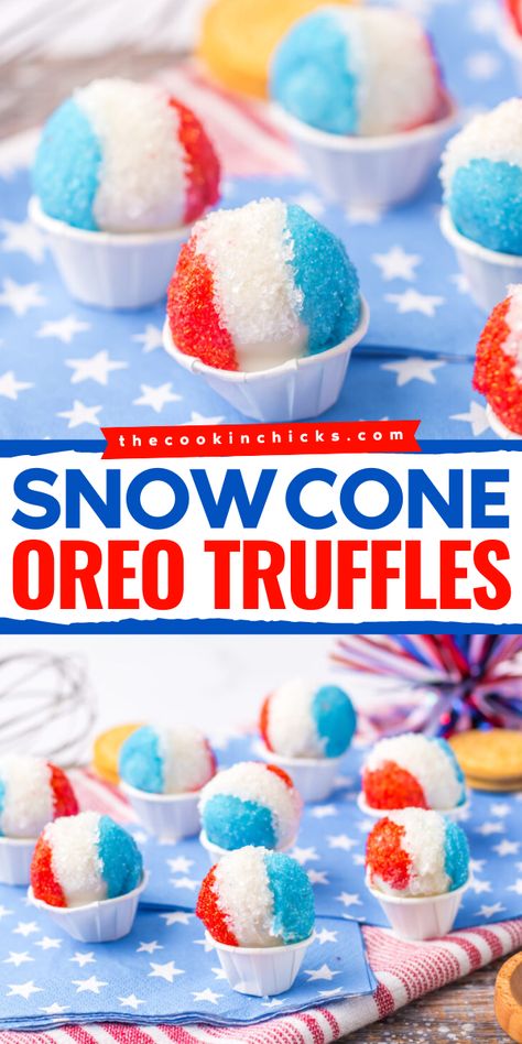 These Snow Cone Oreo Truffles are a no-bake, summer dessert perfect for any Memorial Day, 4th of July, or summer BBQ. With only 4 ingredients needed, these Oreo balls add a fun addition to any spread! Perfect for both kids and adults! 4th Of July Oreo Balls, Summer Truffles, Traditional Holiday Desserts, Hobbit Food, Treat Business, Oreo Truffles Recipe, The Cookin Chicks, Desserts With Few Ingredients, Summer Truffle