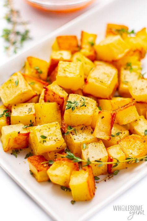 Roasted Rutabaga Recipe (Just Like Potatoes!) | Wholesome Yum Rutabaga Recipes, Roasted Rutabaga, Root Vegetables Recipes, Fast Healthy Dinner, Wholesome Yum, Roasted Root Vegetables, Clam Recipes, Keto Side Dishes, Keto Foods