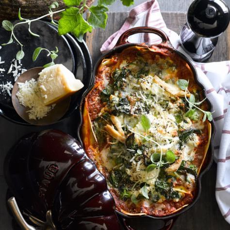 Chicken and Spinach Lasagna | Williams Sonoma Williams Sonoma Recipes, Chicken Spinach Ricotta, Chicken And Spinach Lasagna, Chicken Spinach Lasagna, Tomato Basil Pasta Sauce, Ricotta Recipe, Basil Pasta Sauce, Tomato Basil Pasta, Chicken Spinach