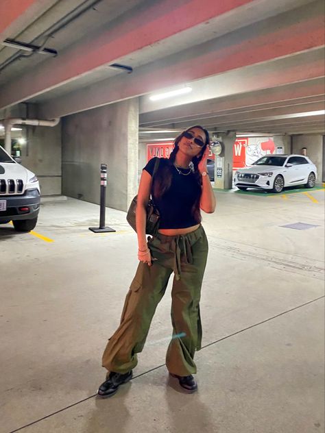 Army Green And Black Outfit, Tie Dye Pants Outfit, Army Green Cargo Pants, Compression Tank Top, Cargo Outfit, Tie Dye Pants, Black Spaghetti Strap, Camo Cargo Pants, Green Cargo Pants