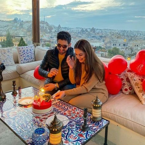 Couple Birthday Celebration, Couple Celebrating Birthday, Celebration Pics, Amal Muneeb, Bday Background, Couple Birthday, Fancy Bedroom, Birthday Pic, Couple Celebrating