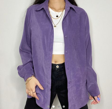 Purple Corduroy Jacket Outfit, Urban Cottagecore, 90s Style Purple Long Sleeve Outerwear, Purple Corduroy Jacket, Corduroy Jacket Outfit, Purple Relaxed Fit Collared Shirt, Cozy Oversized Purple Outerwear, Oversized Purple Button-up Top, Cottagecore Academia