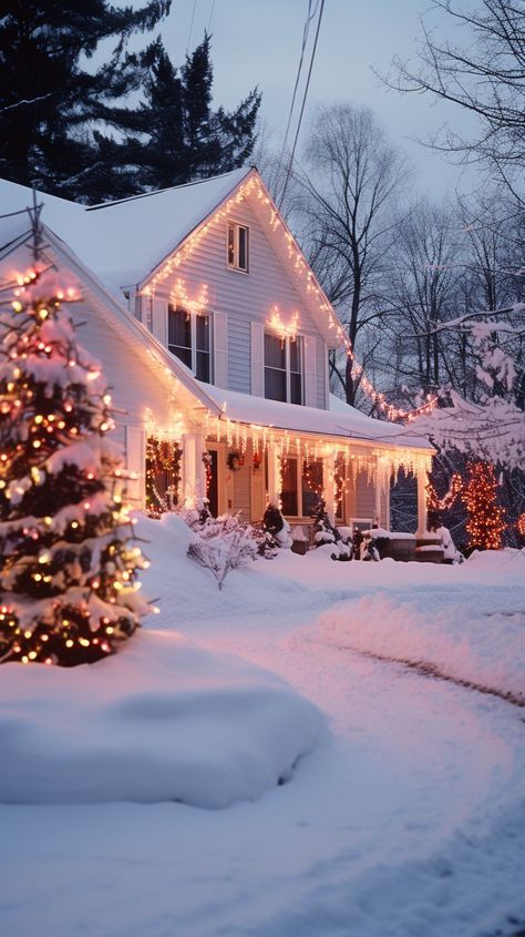 House Ideas Farmhouse, Outside House Ideas, Lights Outside House, Christmas Lights Outside House Ideas, Christmas Lights On House Exterior, Winter House Exterior, Lights Outside, Outside House, Christmas Lights Outside