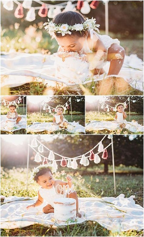 1st Birthday Cake Smash Outdoors, Picnic First Birthday Photoshoot, Boho One Year Old Birthday Photos, Outdoor Boho Cake Smash, Outdoor Cakesmash Shoot, Boho Birthday Pictures, Smash Cake Birthday Pictures, Backyard Cake Smash, First Birthday Cake Smash Outdoor