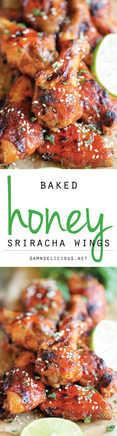 Baked Honey Sriracha Wings - An amazing combination of sweetness and spiciness in every bite, and they're baked to crisp perfection! Califlower Wings, Sriracha Recipe, Honey Siracha, Sriracha Wings, Honey Wings, Wings Game, Wings Recipe, Garlic Shrimp, Spicy Sauce