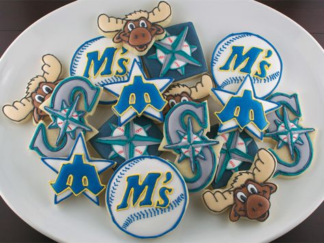 Cookies for keiras birthday party Semi Sweet Designs, Baseball Cookies, Mariners Logo, Seattle Mariners Baseball, Mariners Baseball, Themed Cookies, Baseball Birthday Party, 27th Birthday, Cookie Time