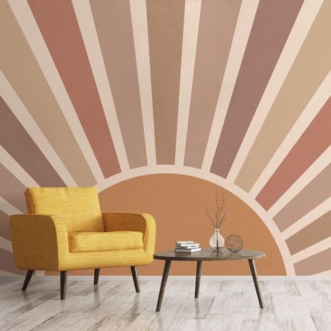 In this video, we will show you the best way to decorate your Living Room Wallpaper design Ideas with modern design. The most effective and easy way to make your house beautiful. Sunburst Wall Mural, Boho Sun Mural, Playroom Feature Wall, Sun On Wall, Sun Mural Wall, Sun Wall Painting, Children Room Wall Painting, Boho Mural Wall, Easy Mural Ideas