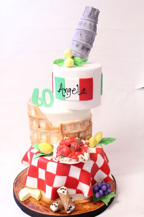 Leaning Tower of Pisa Cake, Italy Cake, Fondant Lemons, Fondant Leaning Tower, 60th Birthday Cake, Fondant Spaghetti, Fondant Cheese and Grapes, Fondant Canollis Themed Cake Ideas, Italy Birthday, Italian Baby Showers, Whimsical Cakes, Cake Recipes Uk, Tie Dye Birthday Party, Diy Cakes, 60th Birthday Cake, Italian Cakes