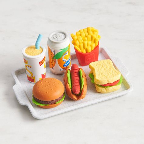 Fast Food Erasers - Desk | Paper Source Food Erasers, Office Desk Supplies, Cool Erasers, Cute Office Supplies, Fast Food Items, Cool School Supplies, Toy Food, Desk Supplies, Cute School Supplies