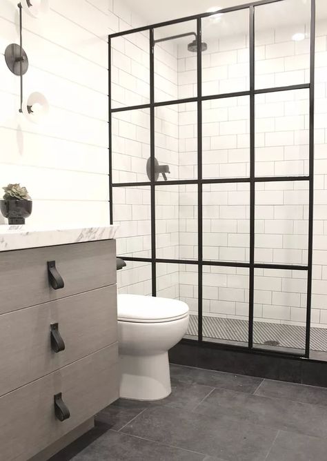 Concrete Tiles Bathroom, Tiles Bathroom Ideas, Subway Tile Bathroom Ideas, Subway Tile Bathroom, Tile Bathroom Ideas, Small Linen Closets, Concrete Tile Floor, Subway Tiles Bathroom, Leather Drawer Pulls