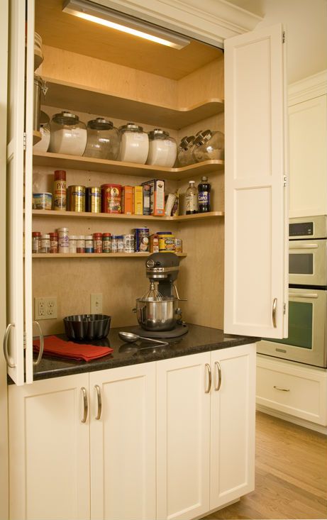 Baking Station with plenty of outlets and shelf space for supplies as well as hooks for measuring spoons and cups. Kitchen Baking Center, Baking Cabinet, Baking Center, Baking Station, Kitchen Pantry Storage, Kitchen Corner, Pantry Door, Kitchen Redo, Tiny Kitchen