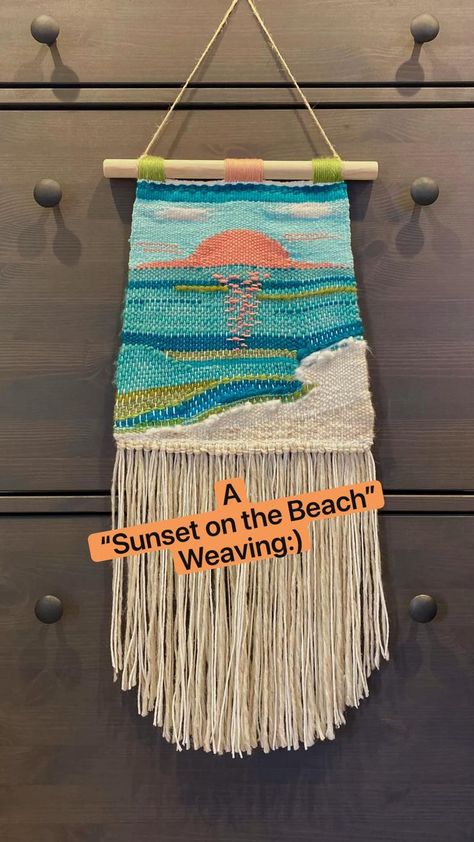 A “Sunset on the Beach” Weaving:) | Weaving patterns design, Weaving loom projects, Crafts sewing patterns Loom Knitting For Beginners, Art Yarn Weaving, Weaving Patterns Design, Easy Yarn Crafts, Loom Projects, Weaving Loom Diy, Textile Tapestry, Sunset On The Beach, Weaving Loom Projects