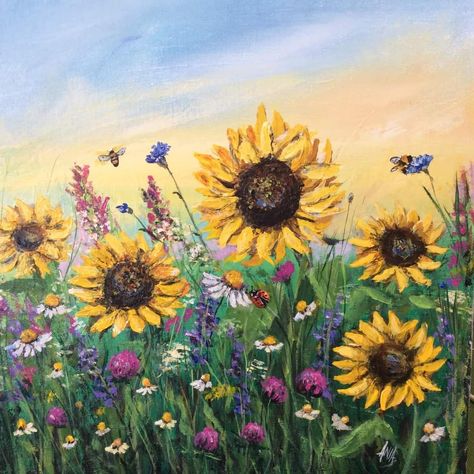 Flower Field Drawing, Sunflower Field Painting, Wildflower Mural, Flower Field Painting, Painted Mailboxes, Field Paint, Grass Painting, Arts And Crafts For Teens, Pot Painting