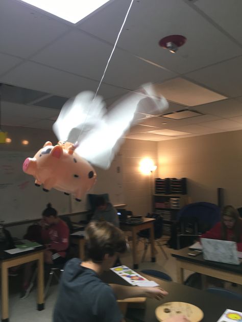 This picture is a flying pig flying around in a circle. This pig, because it's flying in a circle, has a centripetal acceleration. Centripetal acceleration is the rate of change of tangential velocity. The formula is Ac=VF^2/r Centripetal Acceleration, Flying Pig, Photo Projects, A Circle, Physics