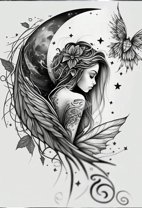 Fairy On A Moon Tattoo, Mystical Fairy Tattoo, Cool Tattoo Design Drawings, Colorful Fairy Tattoo, Big Cover Up Tattoos For Women Leg, Grunge Fairy Tattoo, Valkyrie Tattoo Woman Female Warriors, Angel Wing Back Tattoo, Fairy Tattoos For Women