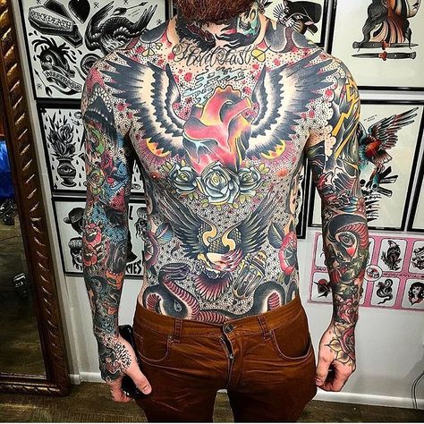 🦅AMERICANATATTOOS🦅 on Instagram: “Tattoos by @horianvil !! We were already following but the #airquotes ALGORITHM fucks our feed up by hiding rippers on a daily.. so thx…” American Traditional Chest Tattoo, Chest And Back Tattoo, Traditional Back Tattoo, Traditional Chest Tattoo, Traditonal Tattoo, Traditional Tattoo Man, Shock Mansion, Heavily Tattooed, Traditional Chest