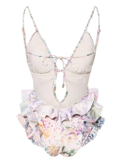 Find ZIMMERMANN Floral Print One Piece Swimsuit on Editorialist. beige/multicolour stretch-design all-over floral print ruffled detailing removable pads plunge style adjustable spaghetti straps rear tie fastening open back full lining Be mindful to try on swimwear over your own garments. This piece fits true to size. We recommend you get your regular size Model is 1,75m / 5ft 8in wearing size 1 (NUM) Sea Clothes, Be Mindful, Demi Fine Jewelry, Marc Jacobs Bag, Women's Shapewear, Designer Lingerie, Ballet Flat Shoes, Swim Suit, Top Shoes