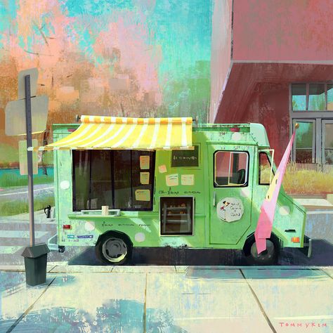 ArtStation - Mobile cafe study 3, Tommy Kim Korean Building, Website Drawing, Mobile Cafe, Contemporary Landscape Artists, Cafe Study, Color Script, Contemporary Landscape Painting, Light Study, Scene Design