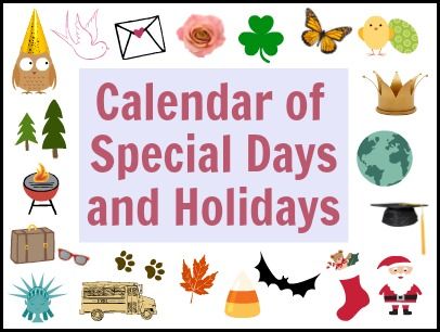 Special Days and Holidays | Fun Family Crafts National Holiday Calendar, Preschool Director, Family Activities Preschool, Preschool Calendar, Calendar Themes, November Holidays, Alzheimers Activities, Preschool Prep, Morning Basket