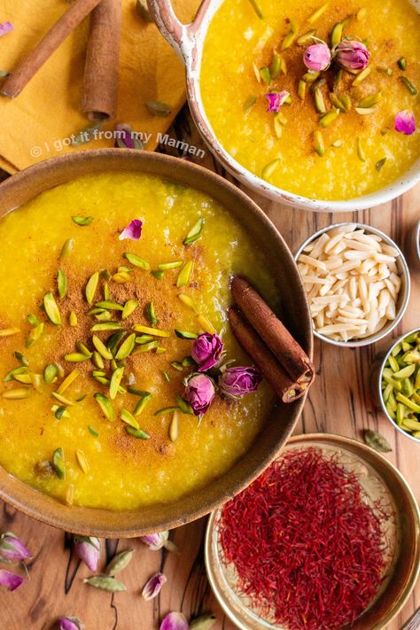 Shole Zard Recipe - Persian Saffron Rice Pudding Persian Rice Pudding, Saffron Rice Pudding, Iranian Food Vegetarian, Easy Persian Desserts, Authentic Persian Recipes, Persian Sandwich, Persian Food Traditional, Persian Soup, Persian Breakfast