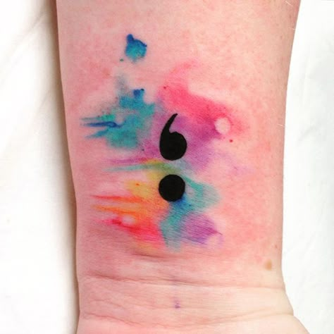 Walk-in semicolon, yo. #ladytattooer #femaletattooartist #tattoo #twobirdstattoo #seattle #semicolon #watercolor #awww Tattoo Designs Watercolor, Tattoo Designs Mandala, Watercolor Wrist Tattoo, Tattoo Designs Geometric, Mandala Tattoo Designs, Colon Tattoo, Awareness Tattoo, Tattoo Watercolor, Semicolon Tattoo