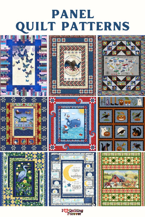 Top 20 Free Panel Quilt Patterns (+9 Bonus Patterns For Sale) Baby Quilt Panels, Japanese Quilt Patterns, Strip Quilt Patterns, Panel Quilt Patterns, Fabric Panel Quilts, Quilting Designs Patterns, Japanese Quilts, Baby Quilt Patterns, Patriotic Quilts