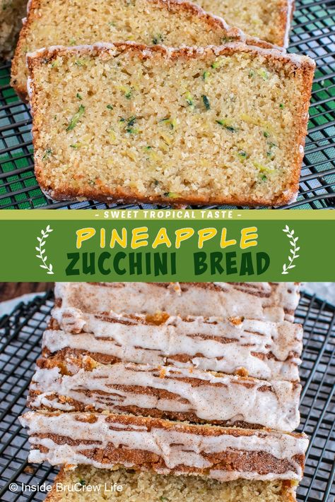 This Pineapple Zucchini Bread has a delicious Hawaiian flavor that will remind you of summer and the tropics. It is an easy quick bread recipe that is perfect for using up extra zucchini. The combo of flavors makes this bread so good. Zucchini Bread Flavors, Tropical Zucchini Bread, Zucchini Bread With Pineapple, Pineapple Zucchini Bread, Zucchini Breads, Zucchini Pineapple Bread, Extra Zucchini, Easy Quick Bread, Pineapple Bread