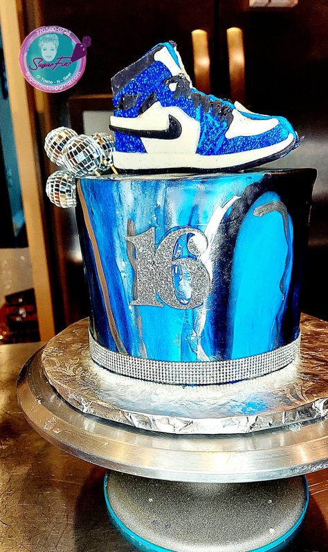 Blue White And Silver Birthday Cakes, Sweet 16 Cakes Blue And Silver, Shades Of Blue Birthday Cake, 13 Shades Of Blue Party, Boys 16th Birthday Cake, Sneaker Balls, Marble Fondant, Jordan Birthday, Jordan Cake