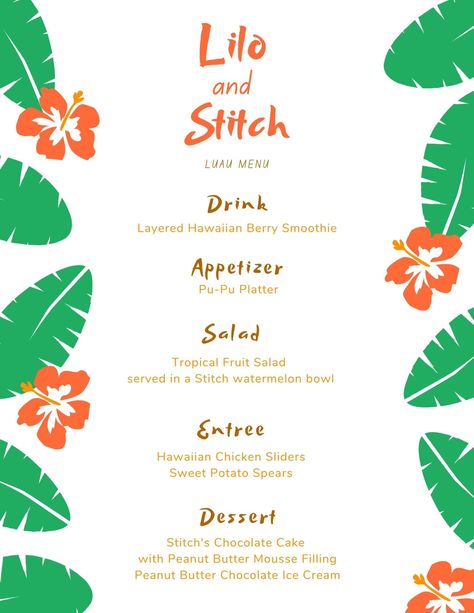 Get a delicious and simple luau menu for your next Lilo & Stitch party or dinner. All recipes are included! Disney Movie Night Menu Lilo And Stitch, Movie Themed Dinners Ideas, Disney Dinner And Movie Night Lilo And Stitch, Lilo And Stitch Inspired Food, Lilo And Stitch Themed Dinner, Stitch Dinner And A Movie, Lilo And Stitch Menu Ideas, Lilo And Stitch Food Recipes, Lilo And Stitch Movie Night Food