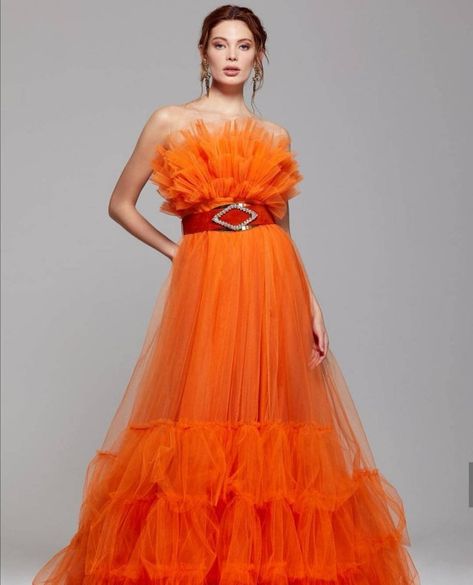 Royal Blue Tulle Dress, Orange Tulle Dress, Gowns For Party, Blue Tulle Dress, Orange Gown, Neon Dress, Tulle Dress Long, Orange Prom Dresses, Tulle Party Dress