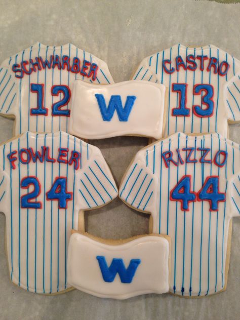 Chicago Cubs Jersey Cookies Decorated, Baseball Christmas Party, Cubs Cookies, Chicago Cubs Birthday Party, Chicago Cubs Birthday, Jersey Cookies, Cubs Birthday Party, Cubs Cake, Baseball Ideas