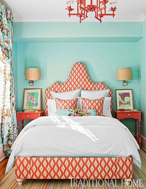 Aqua Bedrooms, Coral Bedroom, Southern Style Home, Nice Bedroom, Turquoise Room, Bedroom Turquoise, Teal Bedroom, Coastal Room, Bedroom Orange