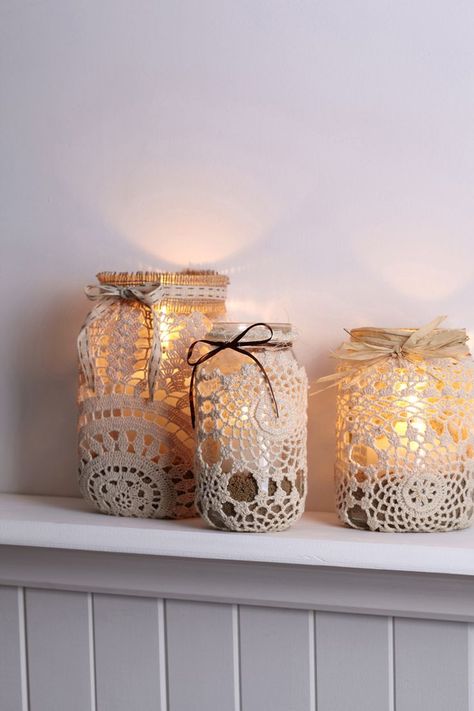 Top 20 DIY Diwali decoration ideas using art and craft: https://thechampatree.in/2016/10/07/diwali-decoration-ideas/ Paper Doily Crafts, Lace Mason Jars, Doilies Crafts, Chic Bridal Showers, Diy Diwali Decorations, Diwali Diy, Lace Doily, Creation Deco, Jar Diy