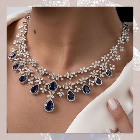 Bridal Diamond Necklace Design, Blue Diamond Necklace, Beautiful Diamond Necklace, Bridal Diamond Necklace, Diamond Pendants Designs, Diamond Wedding Jewelry, Blue Sapphire Necklace, Diamond Necklace Designs, Pearl And Diamond Necklace