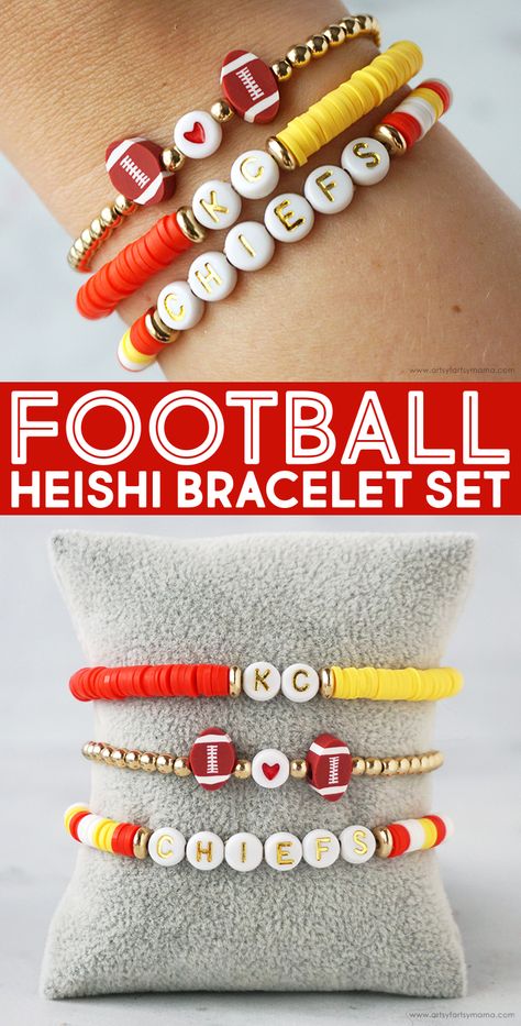 Football Heishi Bracelet Set | artsy-fartsy mama Super Bowl Bracelets, Heishi Bracelet Ideas Sports, Football Bead Bracelet, Football Bracelet Diy, Diy Football Bracelets, Football Jewelry Diy, Chiefs Beaded Bracelet, Football Team Clay Bead Bracelets, Nfl Clay Bead Bracelets