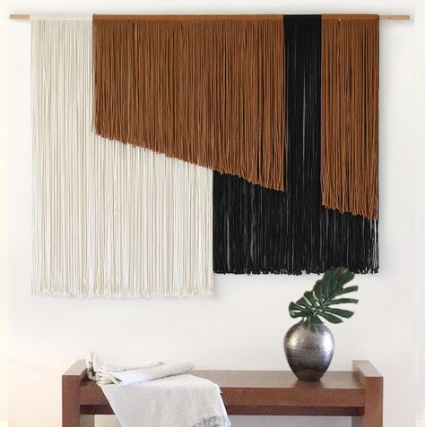 Black N White Decor, Macrame Wall Hanging Black, Brown And Black Bedroom Decor, Over The Bed Wall Decor Modern, Huge Macrame Wall Hanging, White Black And Brown Living Room, Large Black And White Wall Art, Black Brown And White Living Room, Rustic Wall Decor For Living Room