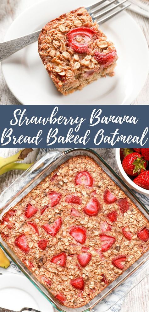 Top image shows a piece of strawberry banana bread baked oatmeal on a small white plate. Bottom image shows an overhead view of a baking dish full of strawberry banana bread baked oatmeal. Strawberry Banana Recipes, Strawberry Banana Desserts, Banana Oatmeal Bars, Banana Bread Baked Oatmeal, Oatmeal Bars Healthy, Strawberry Banana Bread, Banana Baked Oatmeal, Strawberry Breakfast, Strawberry Bread