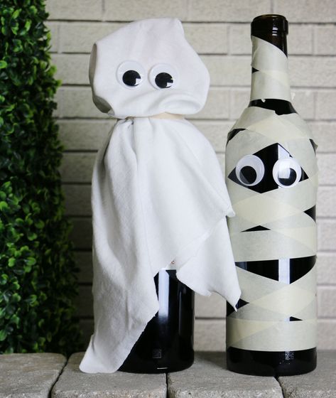 Wine Bottle Ghost, Mummy Wine Bottle, Beer Bottle Halloween Crafts, Ghost Wine Bottles, Wine Bottle Halloween Crafts, Wine Bottle Mummy, Water Bottle Crafts Diy, Wine Bottle Halloween, Ghost Bottle